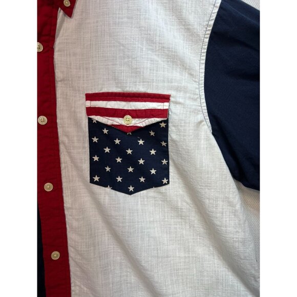 Redhead Mens Button Down Shirt Short Sleeve Sz XL Blue White American Flag Stars - Picture 7 of 12